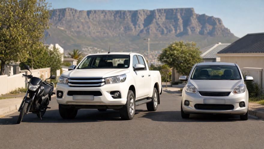 A motorbike, a bakkie and a car parked on a Cape Town street with Table Mountain behind — every vehicle type we handle licensing for